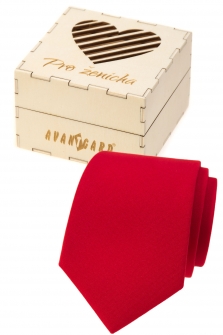 Dárkový set Pro ženicha - Kravata LUX v dárkové dřevěné krabičce s nápisem - Červená, přírodní dřevo