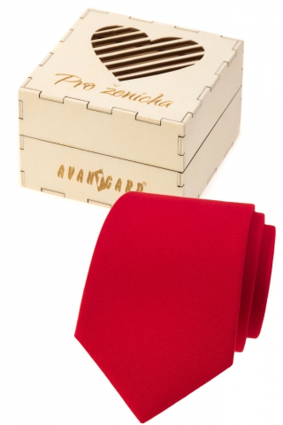 Dárkový set Pro ženicha - Kravata LUX v dárkové dřevěné krabičce s nápisem - Červená, přírodní dřevo