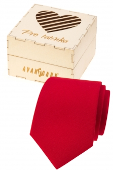 Dárkový set Pro tatínka - Kravata LUX v dárkové dřevěné krabičce s nápisem - Červená, přírodní dřevo