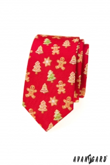 Vánoční kravata SLIM LUX - Červená/perníček